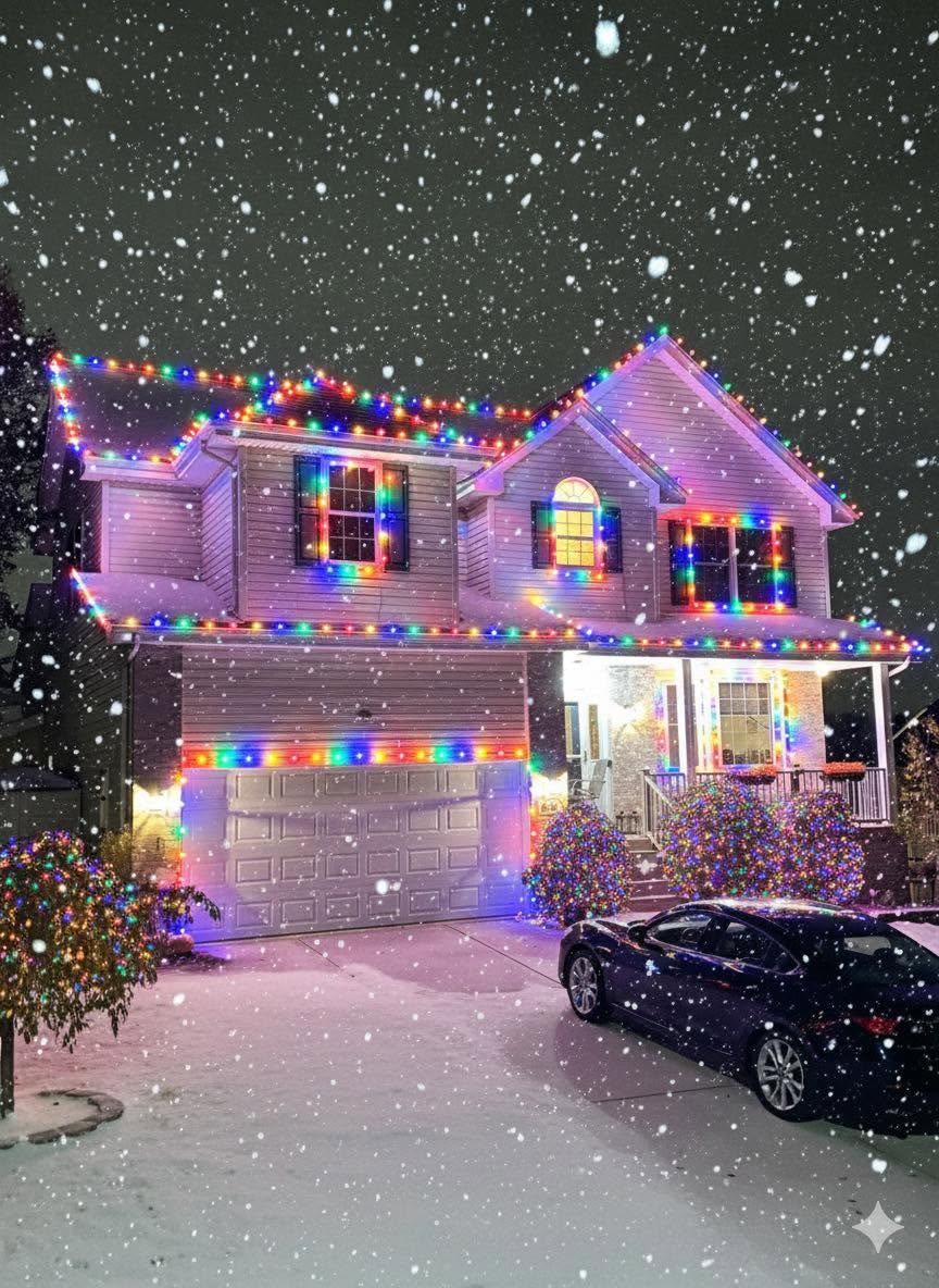 Two-story home outlined with bright multicolor Christmas lights
