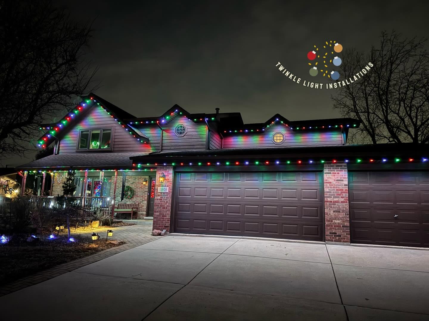 Home displaying a bright custom red, green, blue, and white Christmas color scene