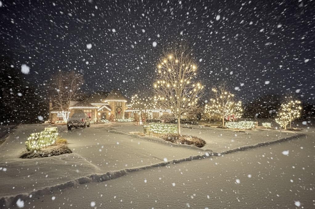 Large commercial property glowing with warm white Christmas lights during snowfall